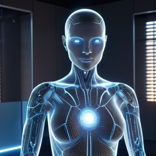 Home 7 A friendly AI assistant, depicted as a glowing, ethereal humanoid figure emerging from a holographic display in a high-tech, minimalist office. The figure is radiating soft, warm light, with intricate digital patterns on its surface, symbolizing intelligence and helpfulness. The setting is clean and futuristic, with subtle ambient lighting. volumetric lighting, octane render, photorealistic, 8k, highly detailed.