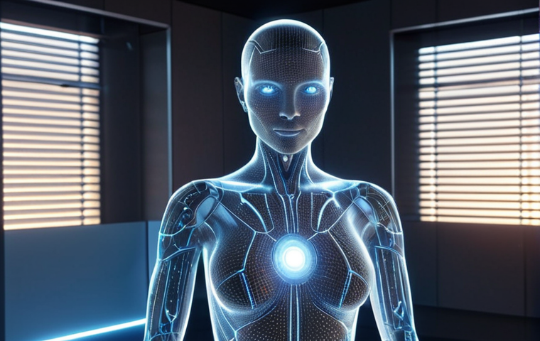 A friendly AI assistant, depicted as a glowing, ethereal humanoid figure emerging from a holographic display in a high-tech, minimalist office. The figure is radiating soft, warm light, with intricate digital patterns on its surface, symbolizing intelligence and helpfulness. The setting is clean and futuristic, with subtle ambient lighting. volumetric lighting, octane render, photorealistic, 8k, highly detailed.