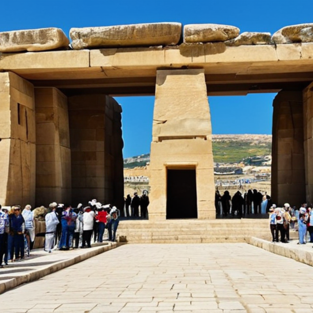 "Exterior view of Ħaġar Qim temple in Malta, showcasing the massive megalithic stones, daytime, clear sky, tourists in the background observing the structure, fully clothed, appropriate attire, safe for work, perfect anatomy, correct proportions, natural pose, professional photography, high quality, ancient architecture, modest."