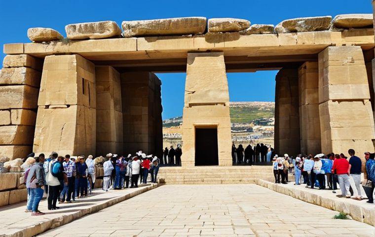 "Exterior view of Ħaġar Qim temple in Malta, showcasing the massive megalithic stones, daytime, clear sky, tourists in the background observing the structure, fully clothed, appropriate attire, safe for work, perfect anatomy, correct proportions, natural pose, professional photography, high quality, ancient architecture, modest."