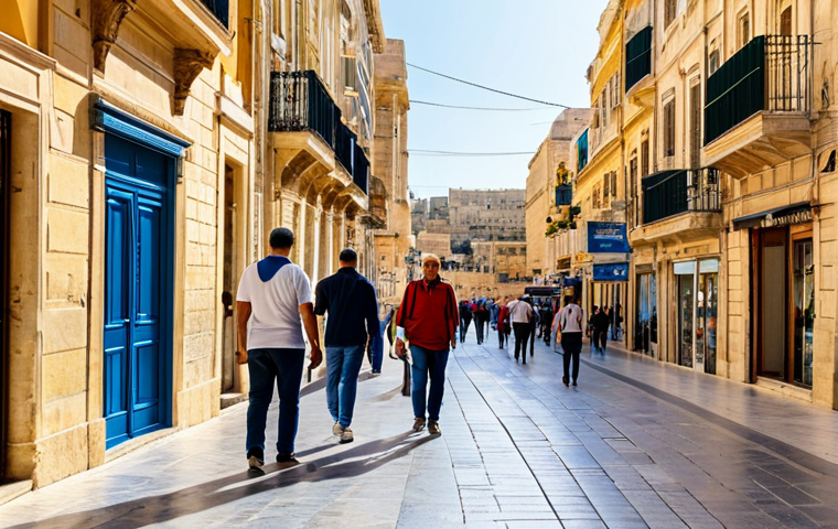 몰타 3대 도시 관광 - Valletta Street Scene**
"A vibrant street scene in Valletta, Malta, featuring honey-colored buildin...
