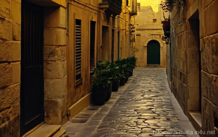 몰타 영화 및 드라마 촬영지 - **Valletta's Golden Alleyway at Dusk:** A highly detailed cinematic shot capturing a narrow, cobbles...